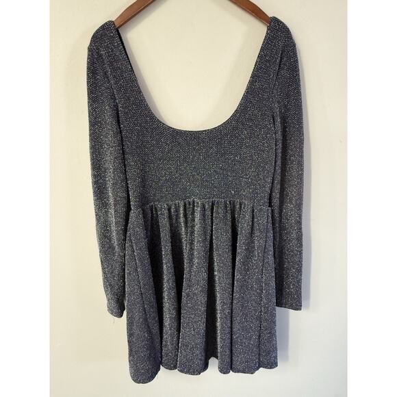 Free People Size S Metallic Navy Skater Mini Babydoll Party Dress Long Sleeve - Picture 6 of 11
